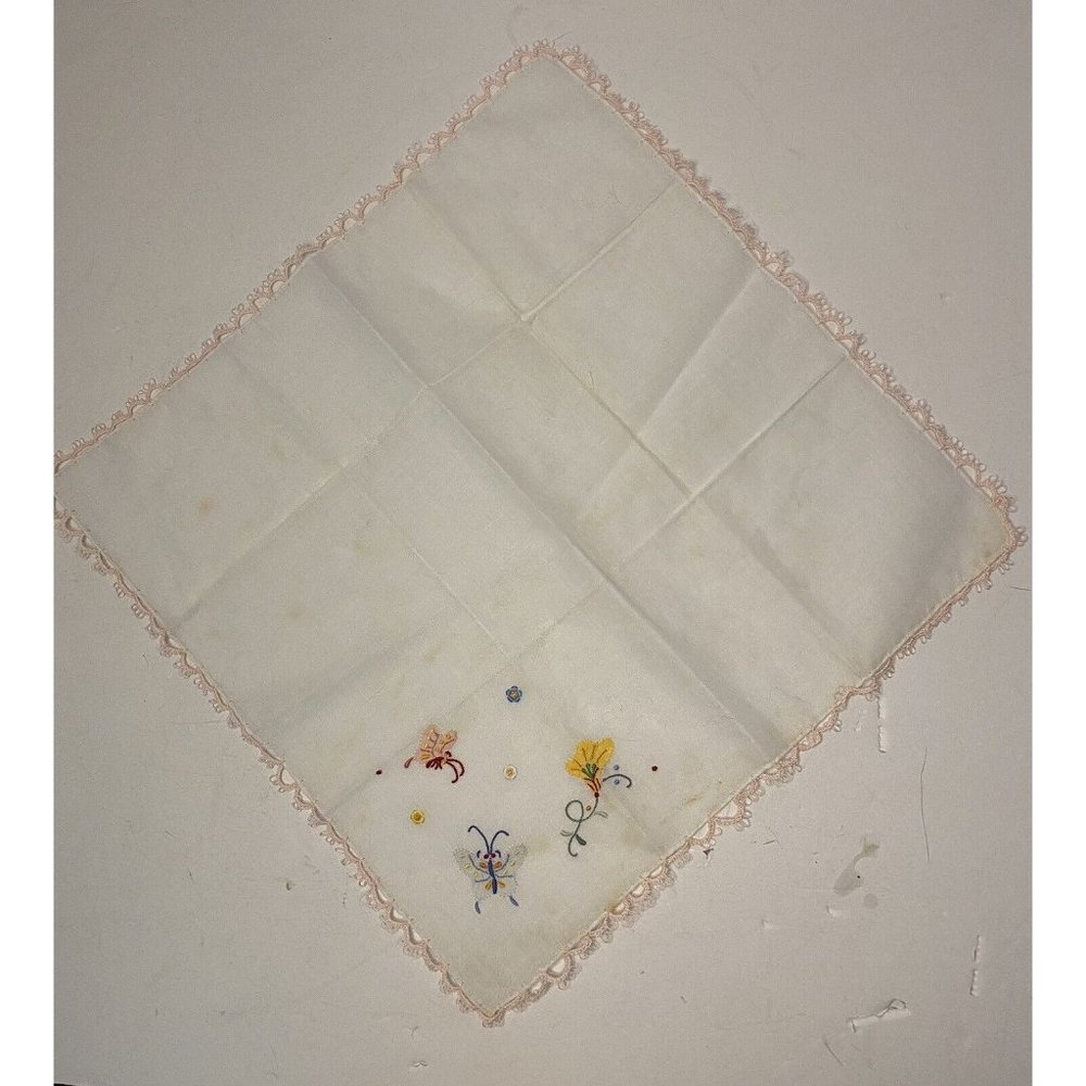 Vtg Hand Embroidered Appliquéd Linen Wedding Handkerchief Pink Crochet Trim